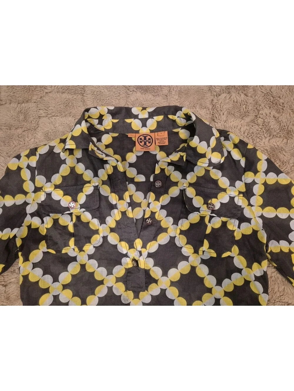 Tory Burch Gray Yellow Circular Buttoned Stephanie Tunic Blouse Shirt Size 4